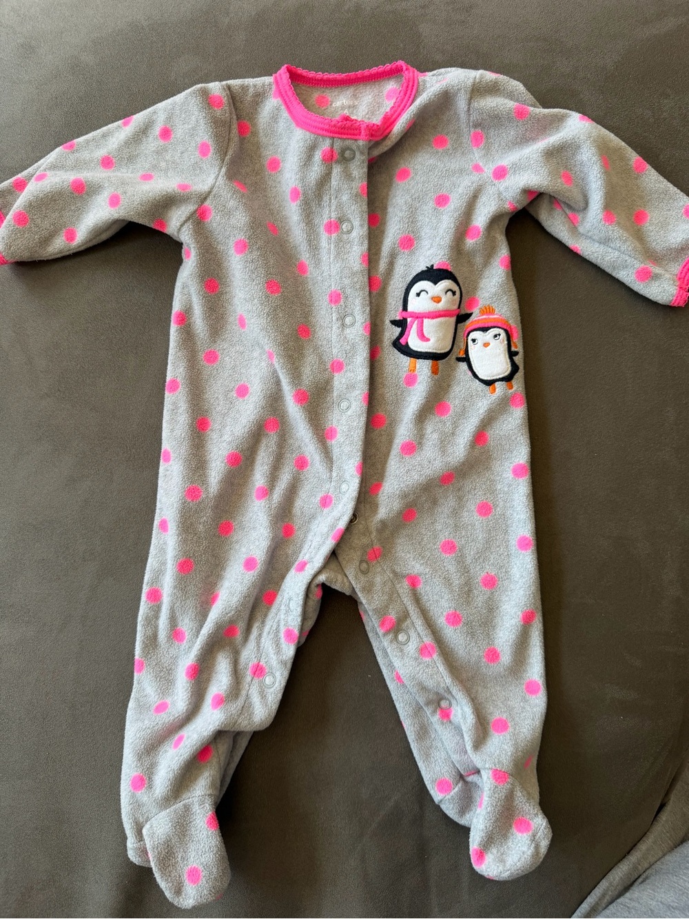 Carter Grey and Hot Pink Polka Dot Baby One-Piece with Penguin Patch Fleece